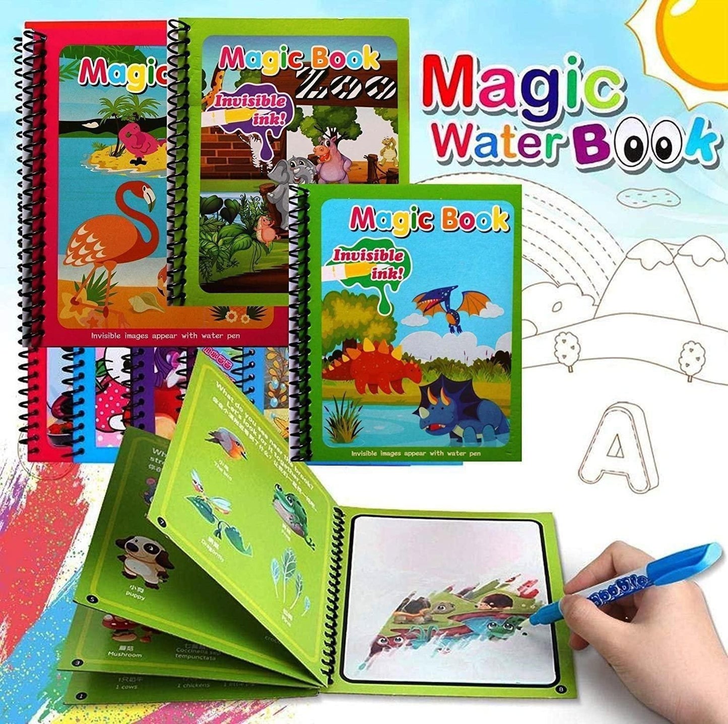 Reusable Magic Water Coloring Book Set for Kids (4-Pack)